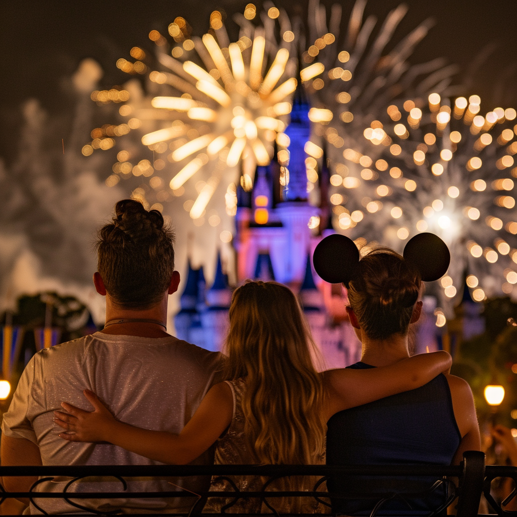 family watching fireworks in front of castle at magic kingdom, with Disney Park VIP Tours